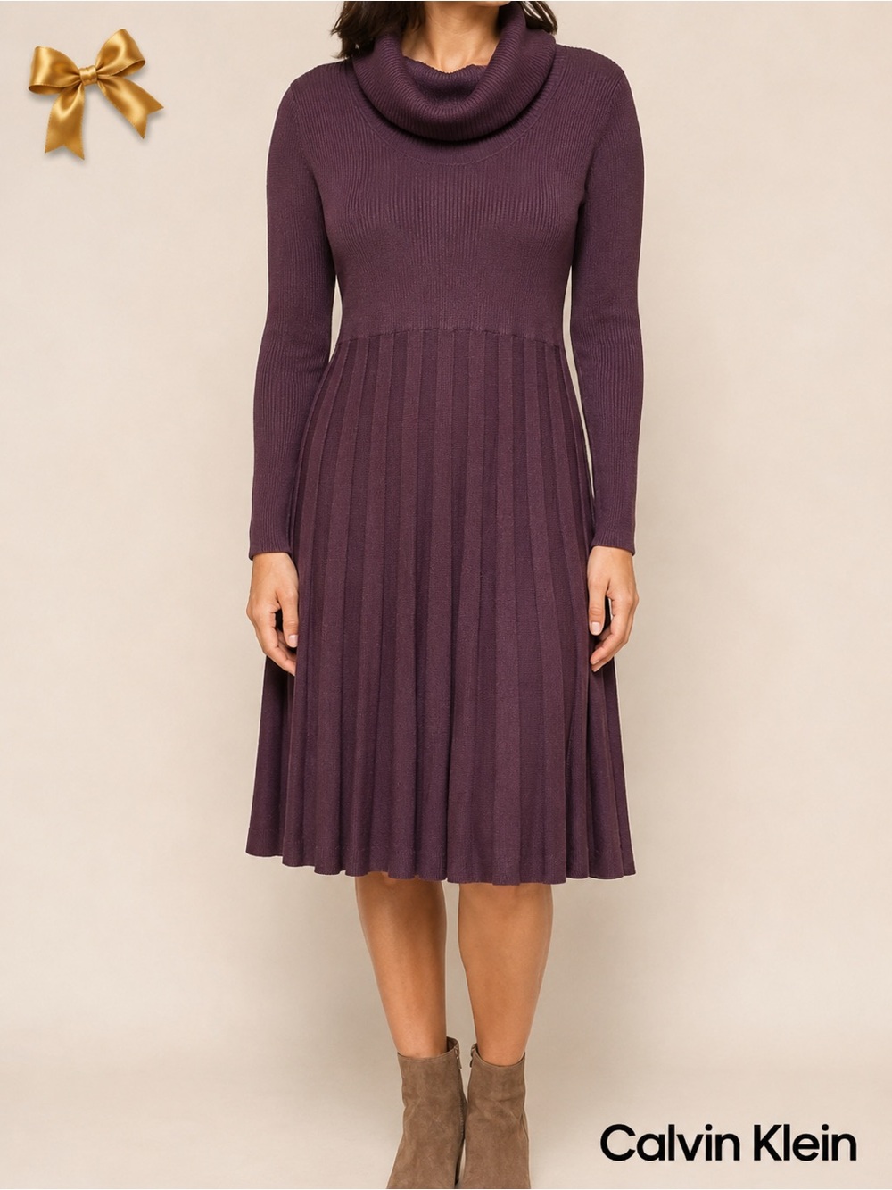 Calvin Klein Burgundy Cowl Neck Pleated Knit Sweater Dress Large
